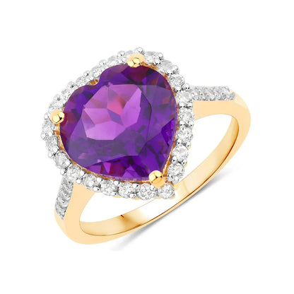 4.86 Ct Heart Purple Amethyst and White Topaz Prong Silver Halo Pave Promise Ring