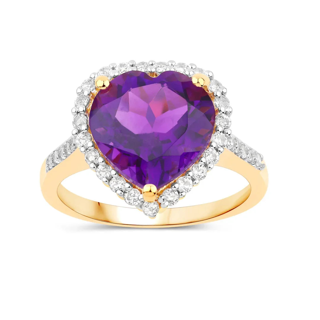 4.86 Ct Heart Purple Amethyst and White Topaz Prong Silver Halo Pave Promise Ring