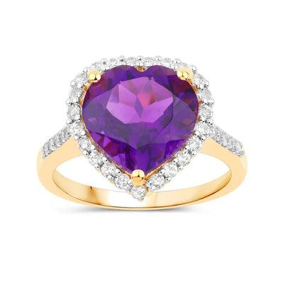4.86 Ct Heart Purple Amethyst and White Topaz Prong Silver Halo Pave Promise Ring