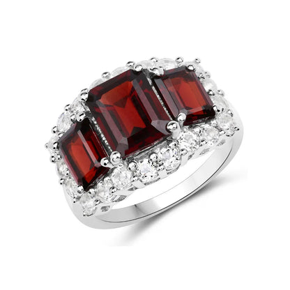 6.55 Ct Octagon Red Garnet Prong Silver Three Stone Halo Ring