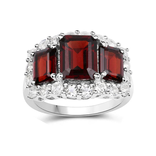 6.55 Ct Octagon Red Garnet Prong Silver Three Stone Halo Ring