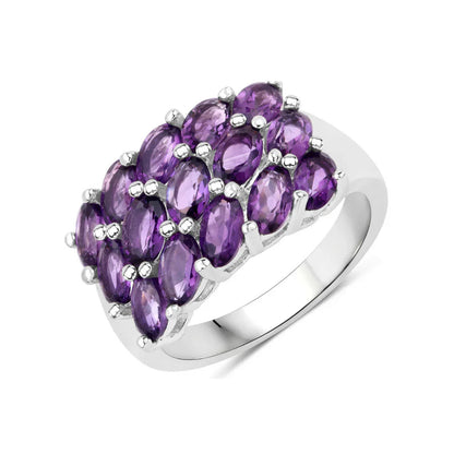 2.70 Ct Oval Purple Amethyst Prong Silver 3 Row Cluster Ring