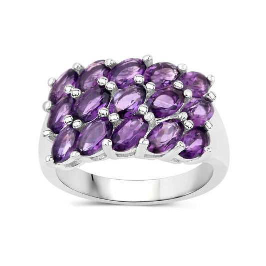 2.70 Ct Oval Purple Amethyst Prong Silver 3 Row Cluster Ring