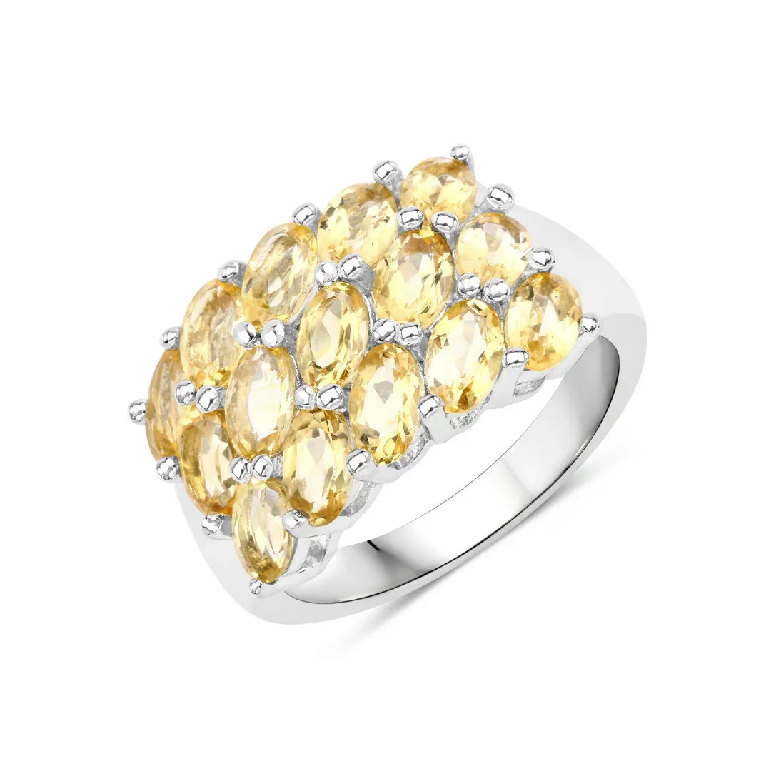 3.43 Ct Heart Yellow Citrine and White Topaz Prong Silver 3 Row Cluster Ring