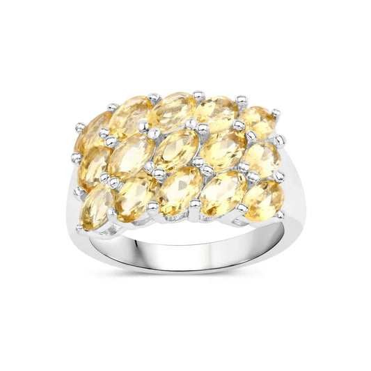 3.43 Ct Heart Yellow Citrine and White Topaz Prong Silver 3 Row Cluster Ring