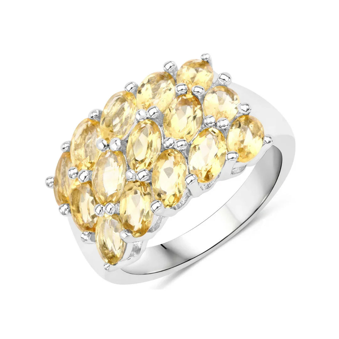 3.43 Ct Heart Yellow Citrine and White Topaz Prong Silver 3 Row Cluster Ring