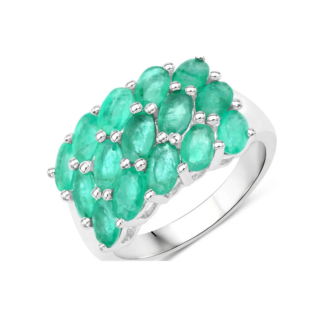 3.00 Ct Oval Green Zambian Emerald Prong Silver Cluster Ring