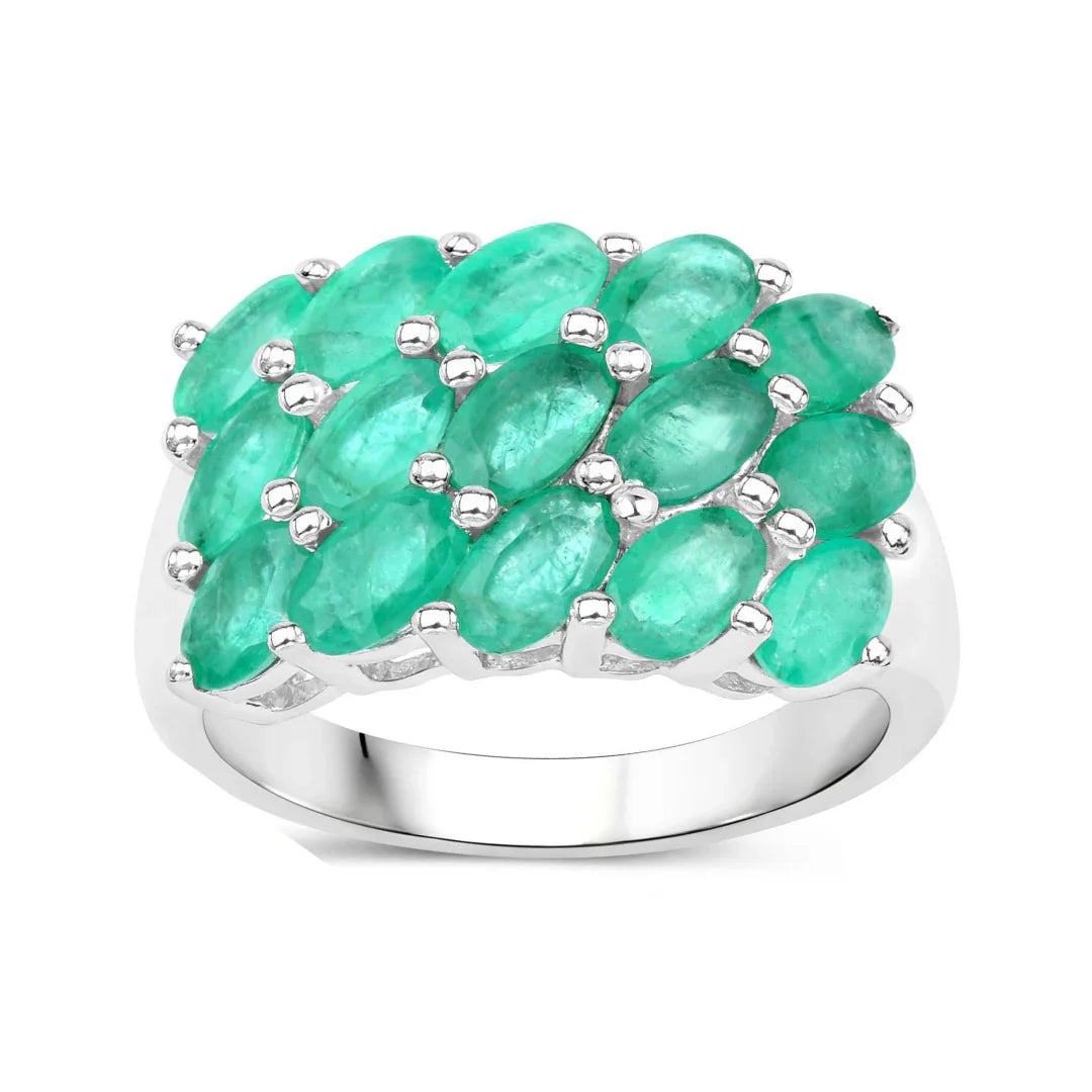 3.00 Ct Oval Green Zambian Emerald Prong Silver Cluster Ring