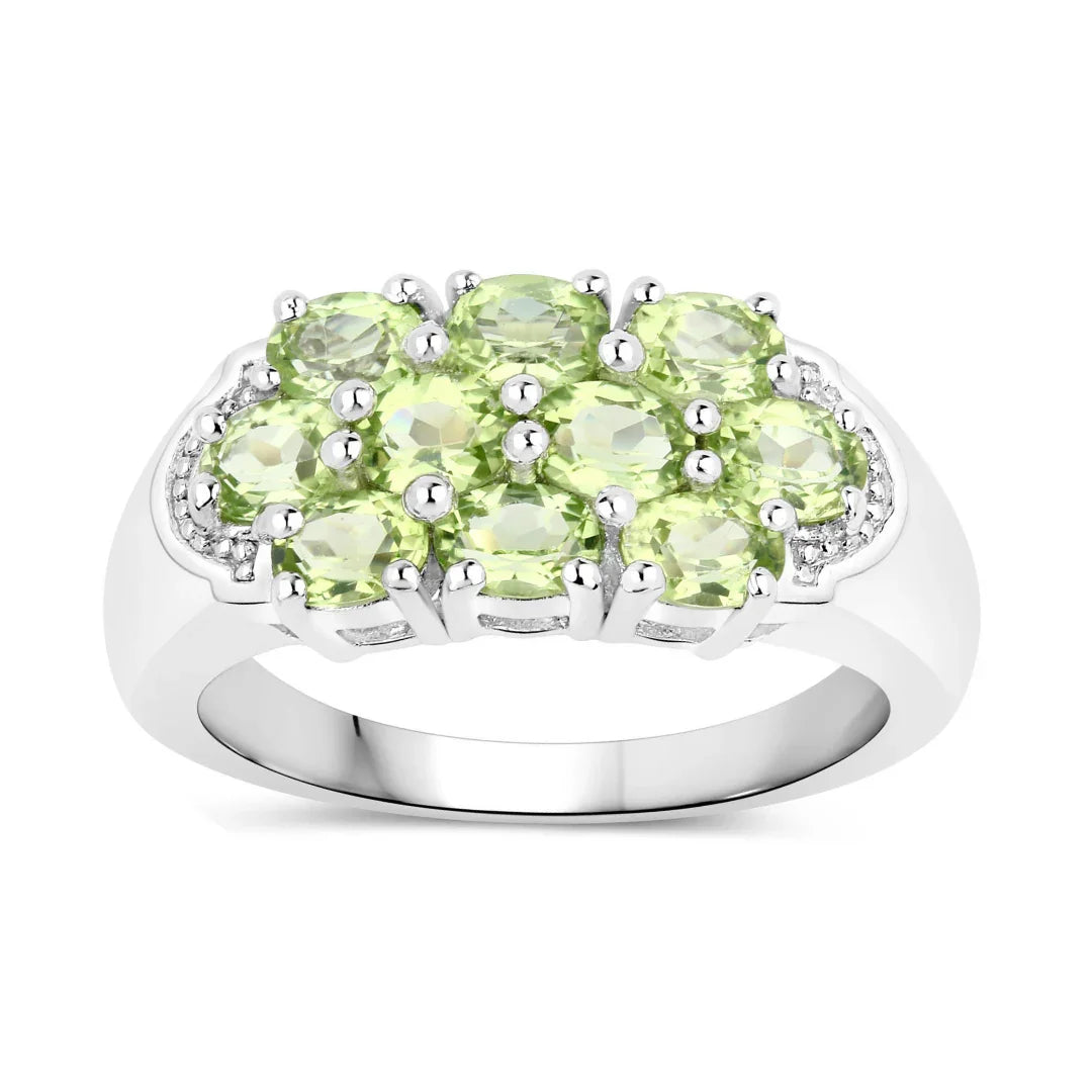 1.70 Ct Oval Green Peridot Prong Silver Cluster Ring