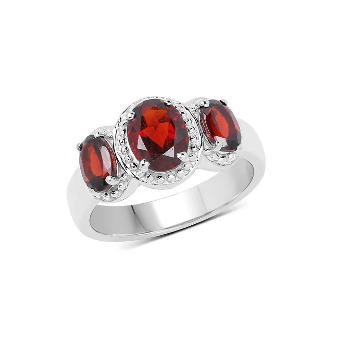 2.62 Ct Oval Red Garnet Prong Silver Halo Three Stone Ring