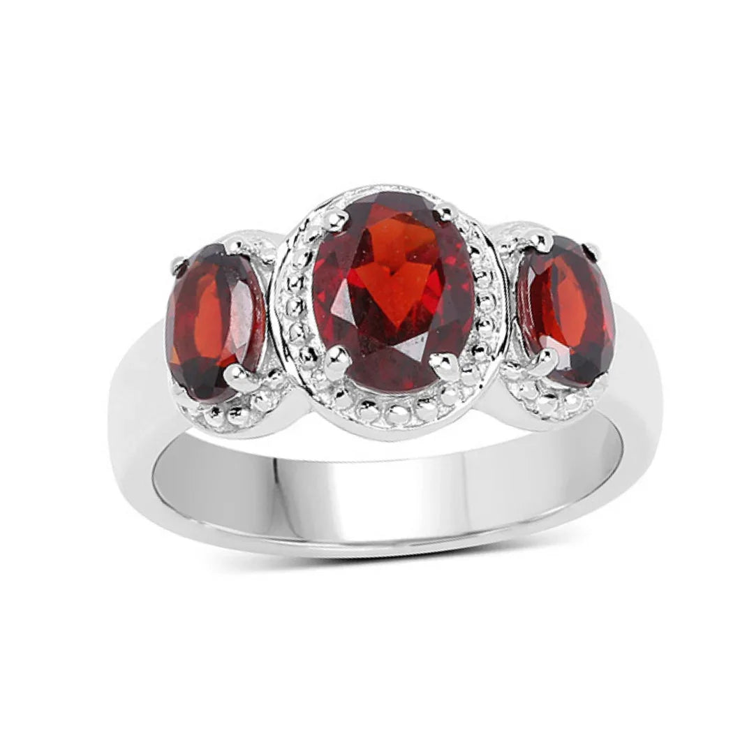 2.62 Ct Oval Red Garnet Prong Silver Halo Three Stone Ring