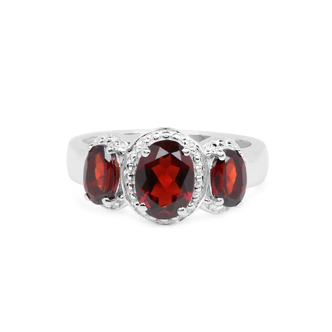 2.62 Ct Oval Red Garnet Prong Silver Halo Three Stone Ring