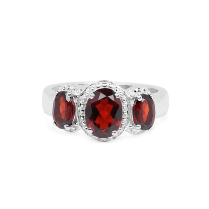 2.62 Ct Oval Red Garnet Prong Silver Halo Three Stone Ring