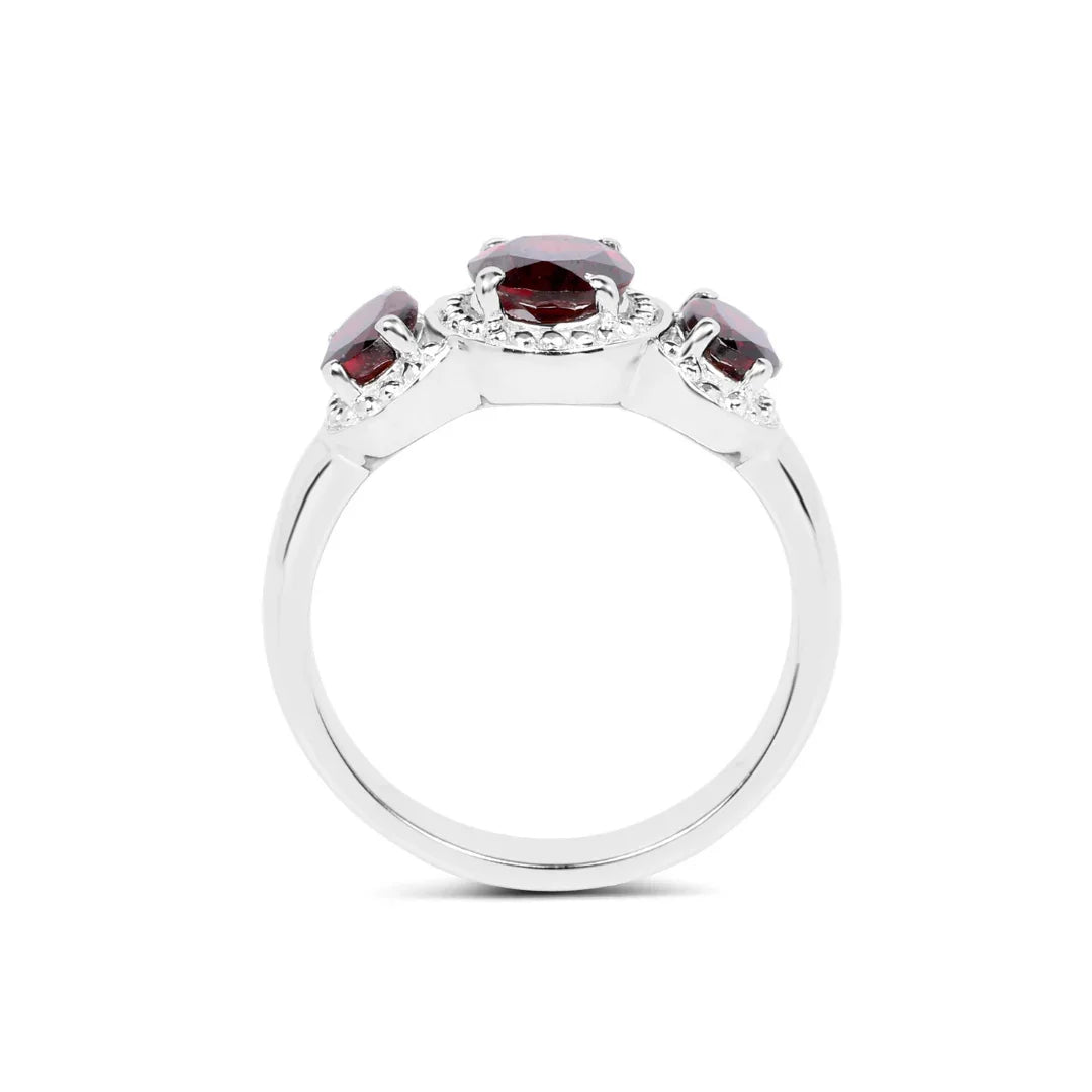 2.62 Ct Oval Red Garnet Prong Silver Halo Three Stone Ring