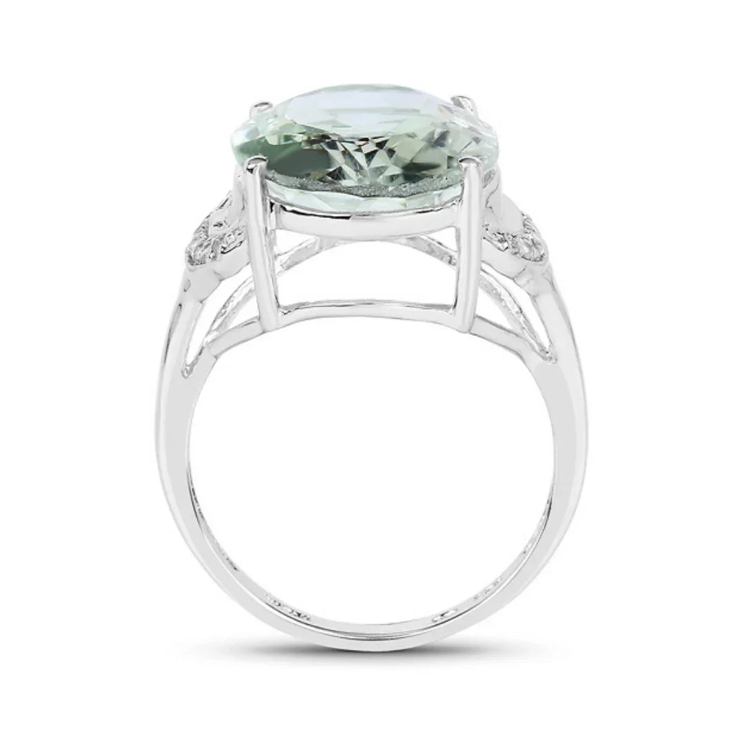 7.98 Ct Oval Green Amethyst and White Topaz Prong Silver Bold Ring