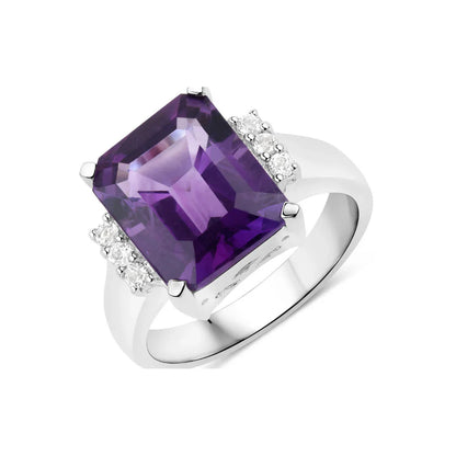 4.84 Ct Octagon Purple Amethyst and White Topaz Prong Silver Cocktail Ring