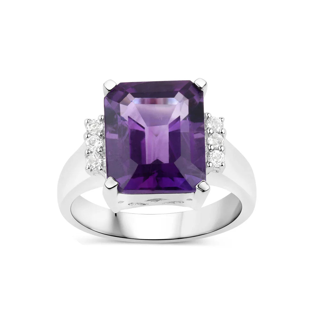 4.84 Ct Octagon Purple Amethyst and White Topaz Prong Silver Cocktail Ring