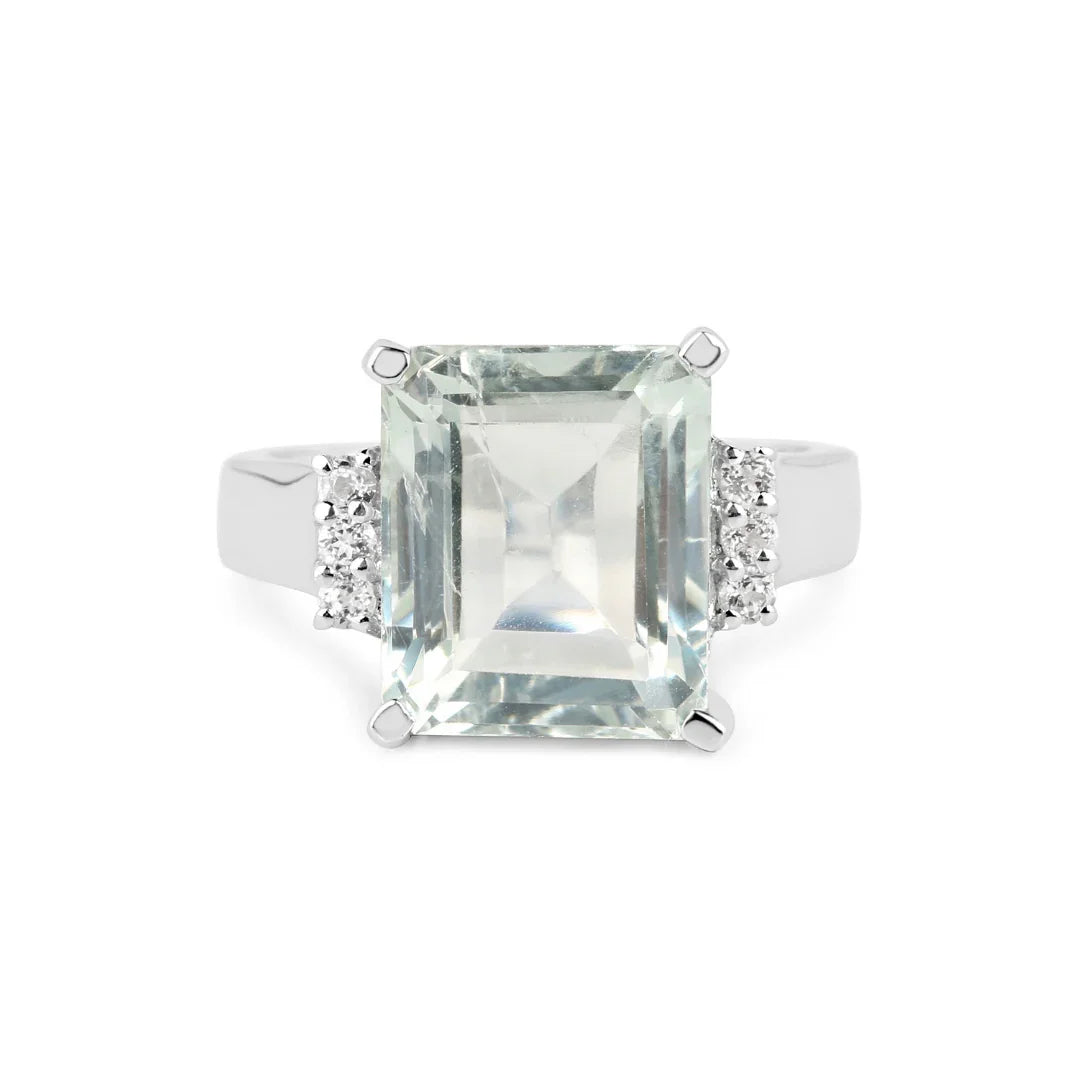 5.54 Ct Octagon Green Amethyst and White Topaz Prong Silver Bold Statement Ring