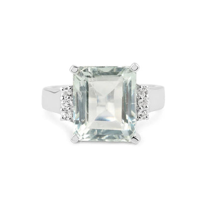 5.54 Ct Octagon Green Amethyst and White Topaz Prong Silver Bold Statement Ring