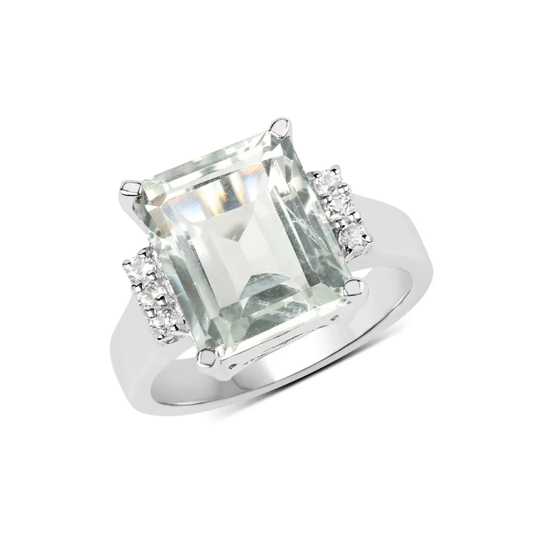 5.54 Ct Octagon Green Amethyst and White Topaz Prong Silver Solitaire Ring