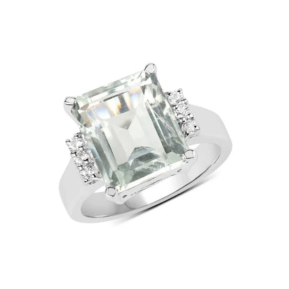 5.54 Ct Octagon Green Amethyst and White Topaz Prong Silver Solitaire Ring