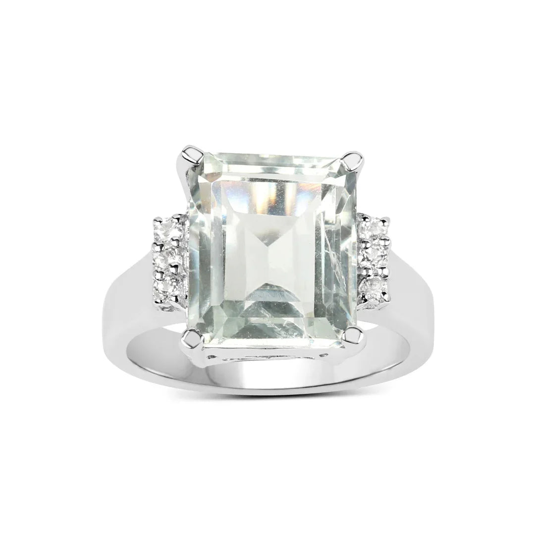 5.54 Ct Octagon Green Amethyst and White Topaz Prong Silver Solitaire Ring