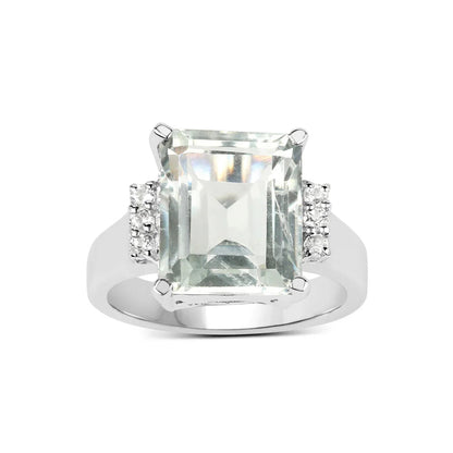 5.54 Ct Octagon Green Amethyst and White Topaz Prong Silver Solitaire Ring