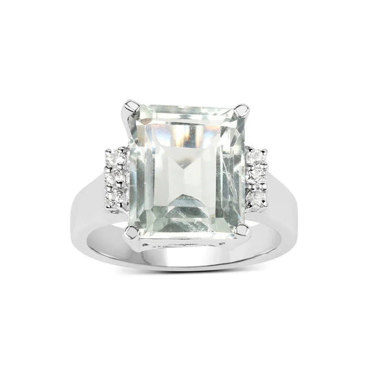 5.54 Ct Octagon Green Amethyst and White Topaz Prong Silver Solitaire Ring