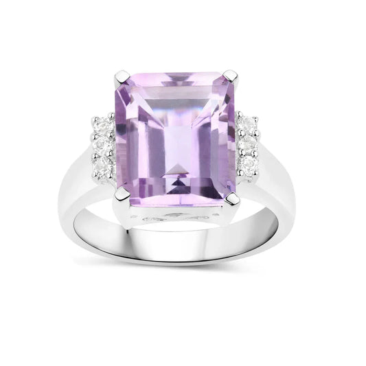 5.94 Ct Octagon Pink Amethyst and White Topaz Prong Silver Cocktail Ring