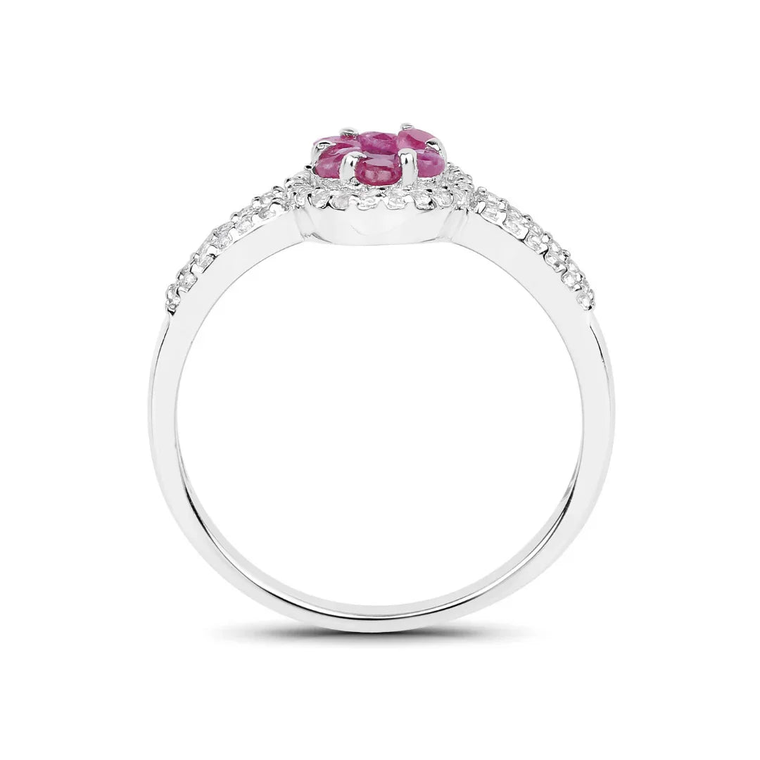 0.37 Ct Round Red Ruby Prong Sterling Silver Cluster Flower Halo Pave Ring
