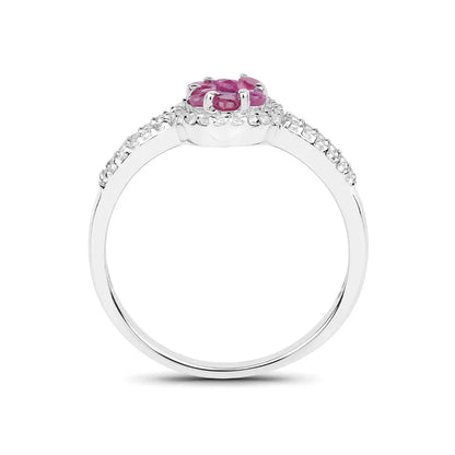 0.37 Ct Round Red Ruby Prong Sterling Silver Cluster Flower Halo Pave Ring