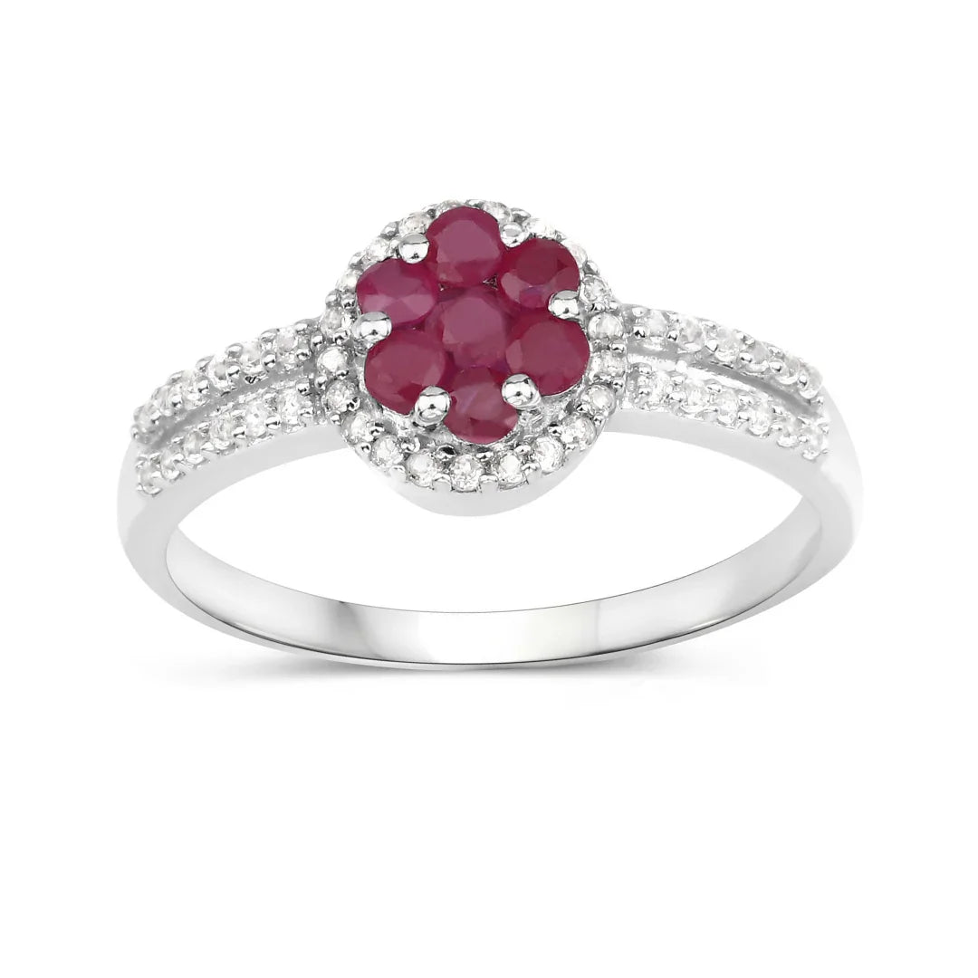 0.37 Ct Round Red Ruby Prong Sterling Silver Cluster Flower Halo Pave Ring
