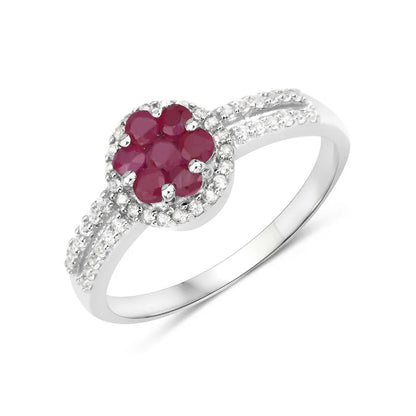 0.37 Ct Round Red Ruby Prong Sterling Silver Cluster Flower Halo Pave Ring