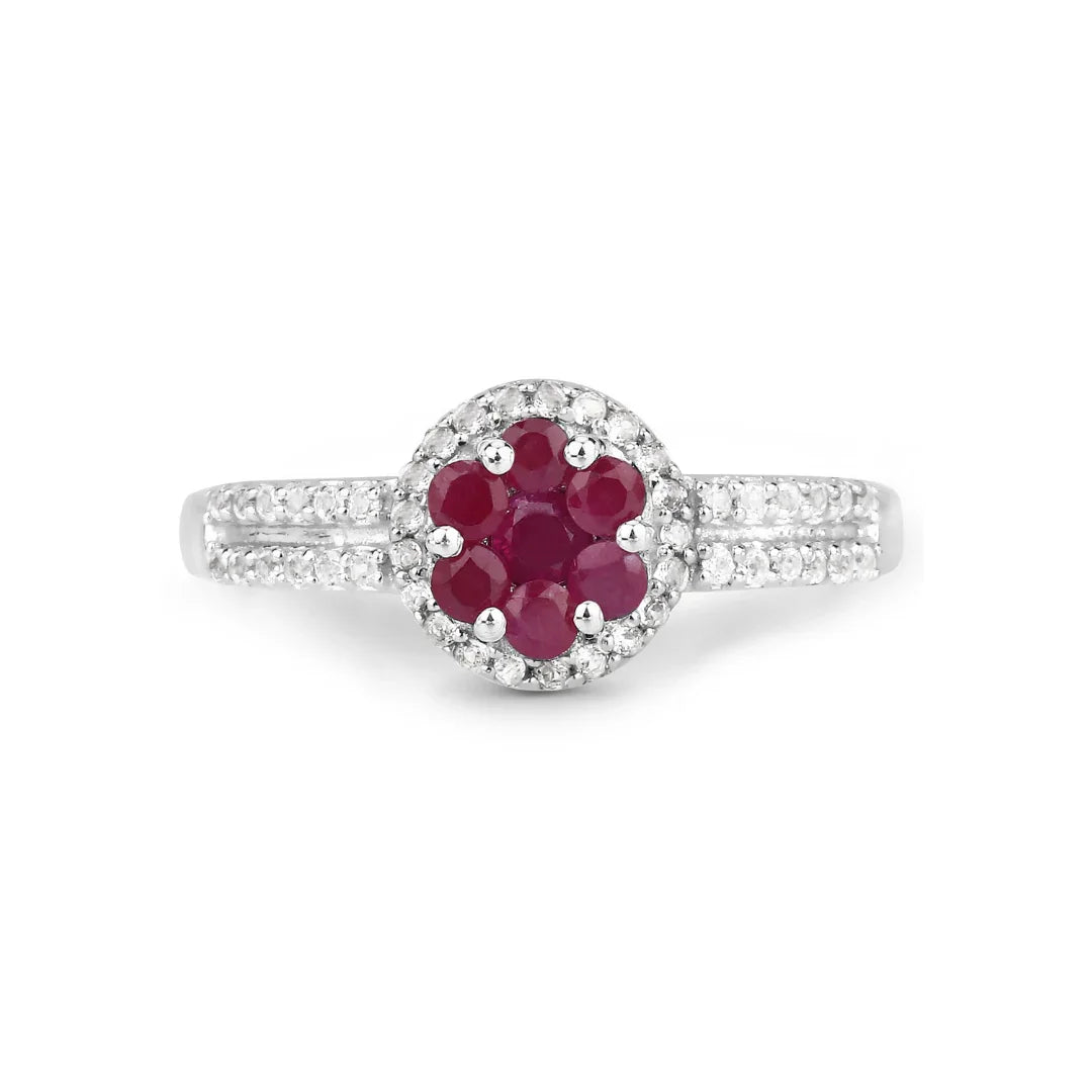 0.37 Ct Round Red Ruby Prong Sterling Silver Cluster Flower Halo Pave Ring