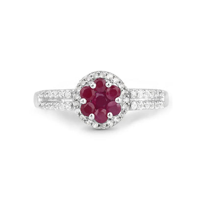 0.37 Ct Round Red Ruby Prong Sterling Silver Cluster Flower Halo Pave Ring