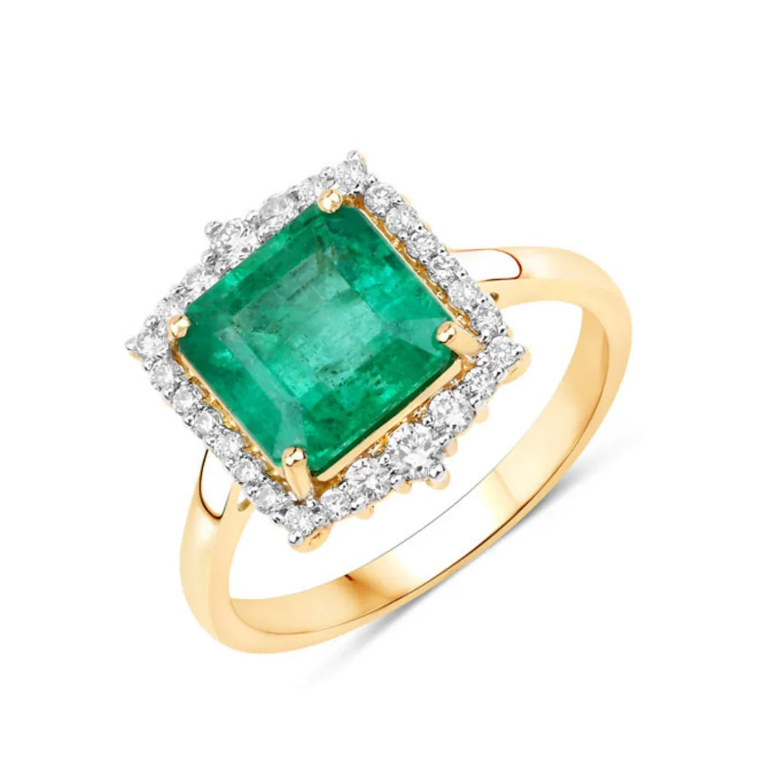 2.92 Ct Octagon Green Zambian Emerald and White Diamond Prong 14k Gold Halo Bridge Ring