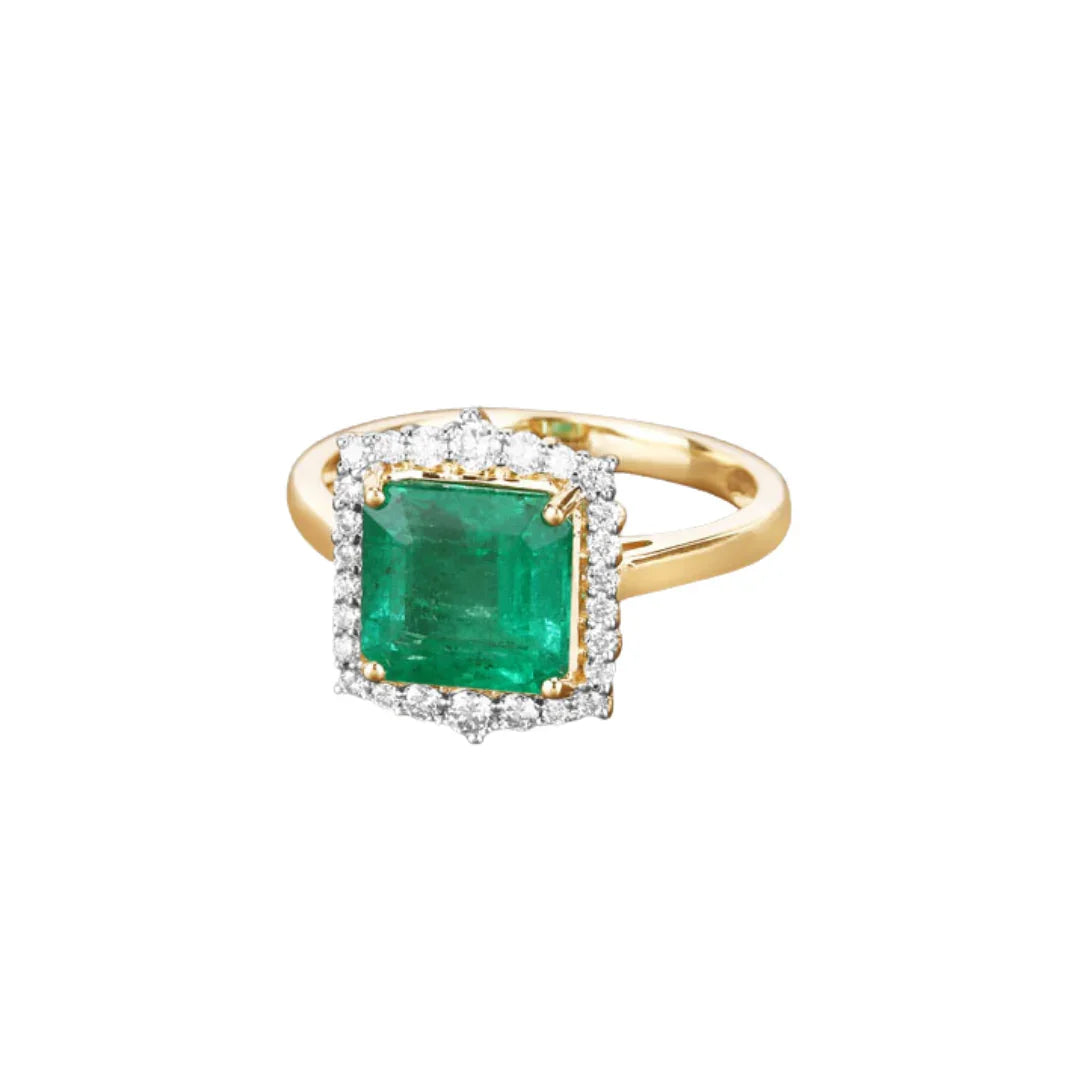 2.92 Ct Octagon Green Zambian Emerald and White Diamond Prong 14k Gold Halo Bridge Ring
