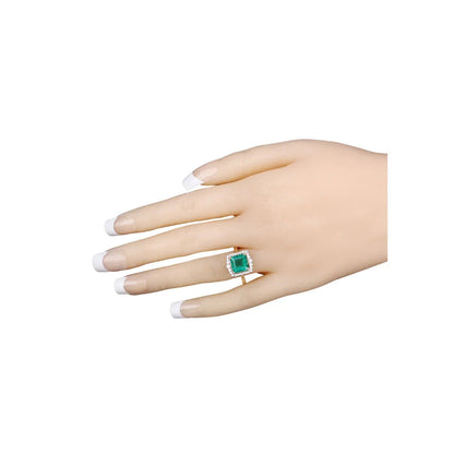 2.92 Ct Octagon Green Zambian Emerald and White Diamond Prong 14k Gold Halo Bridge Ring