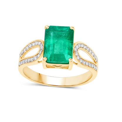 2.80 Ct Octagon Green Zambian Emerald and White Diamond Prong 14k Gold Split Shank Pave Bridge Ring