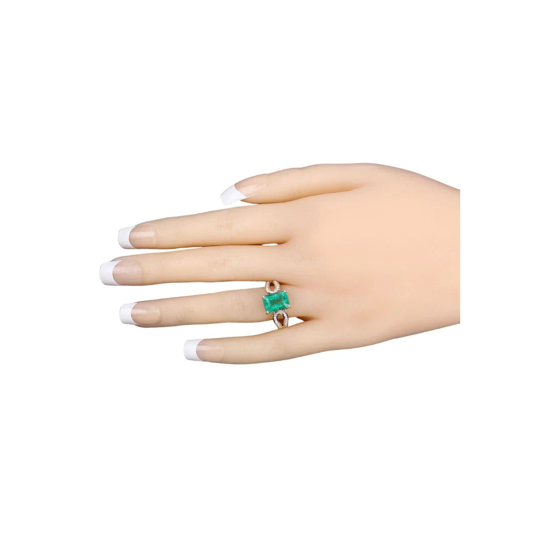 2.80 Ct Octagon Green Zambian Emerald and White Diamond Prong 14k Gold Split Shank Pave Bridge Ring