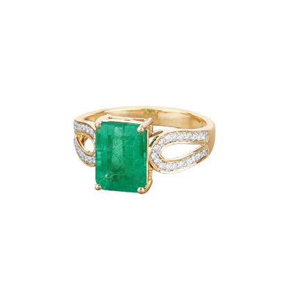 2.80 Ct Octagon Green Zambian Emerald and White Diamond Prong 14k Gold Split Shank Pave Bridge Ring