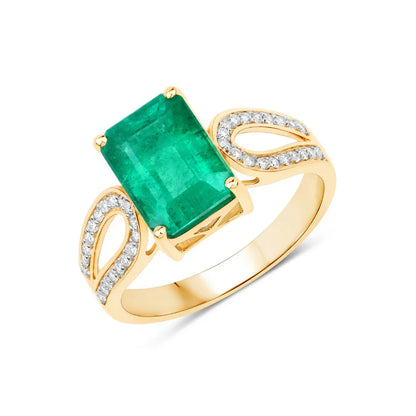 2.80 Ct Octagon Green Zambian Emerald and White Diamond Prong 14k Gold Split Shank Pave Bridge Ring