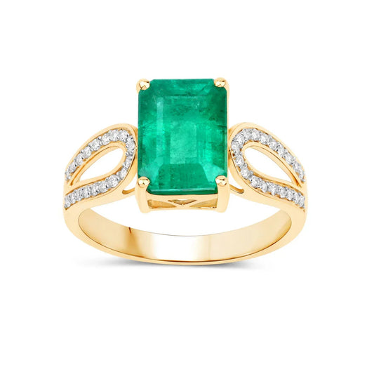 2.80 Ct Octagon Green Zambian Emerald and White Diamond Prong 14k Gold Split Shank Pave Bridge Ring