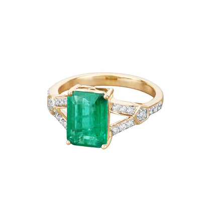 2.84 Ct Octagon Green Zambian Emerald and White Diamond Prong 14k Gold Statement Pave Bridge Ring