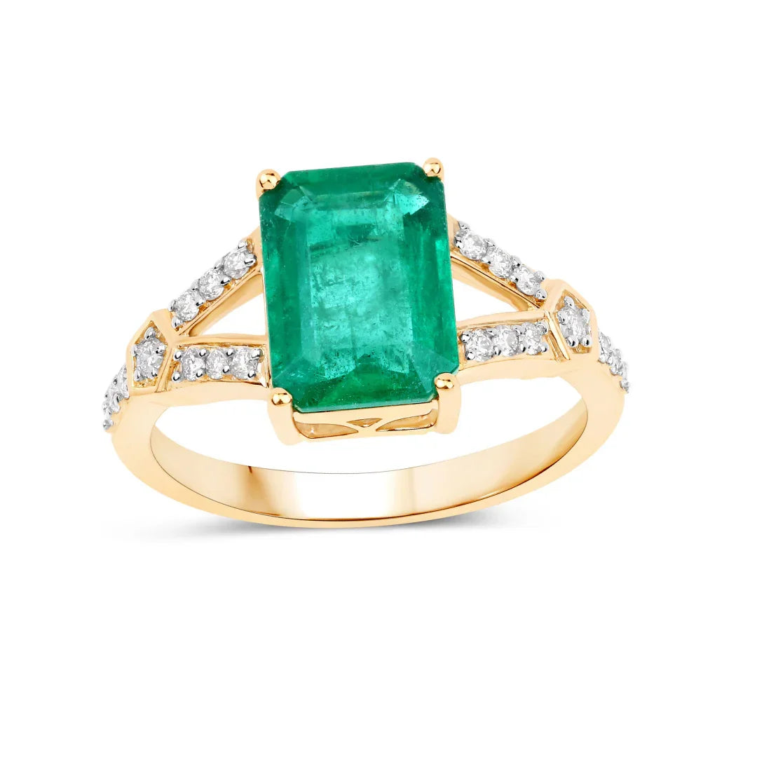 2.84 Ct Octagon Green Zambian Emerald and White Diamond Prong 14k Gold Statement Pave Bridge Ring