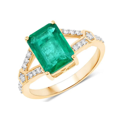 2.84 Ct Octagon Green Zambian Emerald and White Diamond Prong 14k Gold Statement Pave Bridge Ring