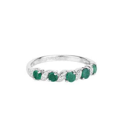 0.54 Ct Round Green Zambian Emerald and White Topaz Prong Silver 5 Stone Ring
