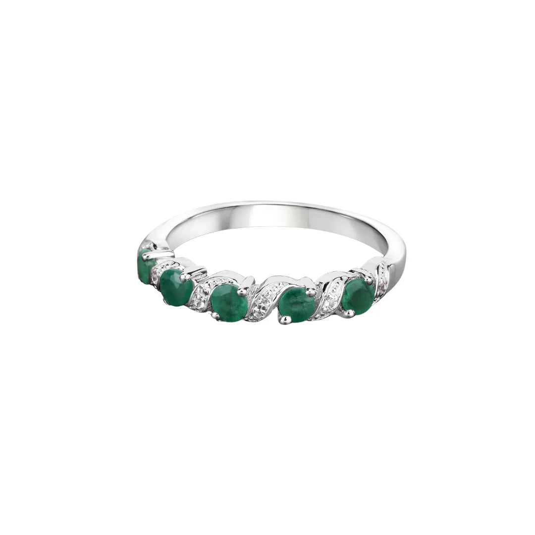 0.54 Ct Round Green Zambian Emerald and White Topaz Prong Silver 5 Stone Ring