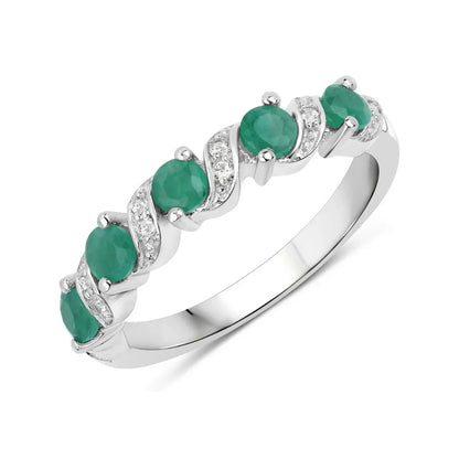 0.54 Ct Round Green Zambian Emerald and White Topaz Prong Silver 5 Stone Ring