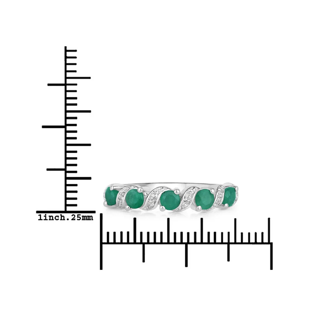 0.54 Ct Round Green Zambian Emerald and White Topaz Prong Silver 5 Stone Ring